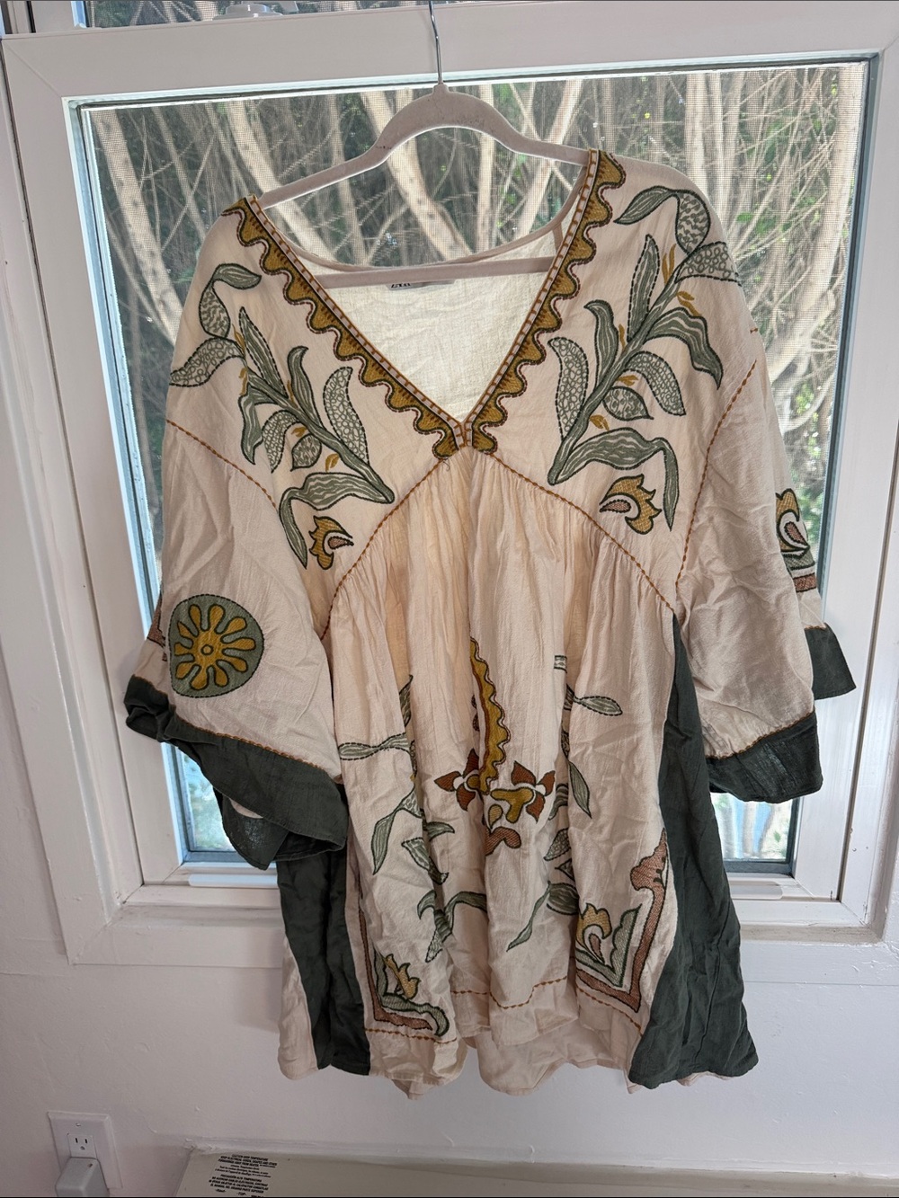 Zara Cream Embroidered Boho V-Neck Tunic with Olive Trim